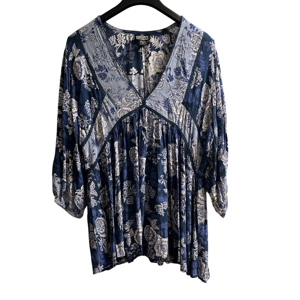 Angie Top Blue Floral Patchwork Babydoll Crochet Puff Sleeve Tunic 1X Hippie